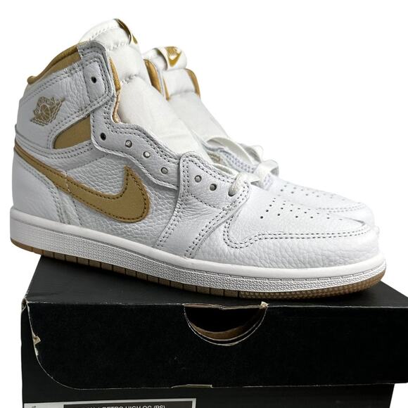 💎✨NEW IN BOX✨💎NIKE Jordan One Retro High OG (PS) White/Gold - Picture 4 of 7